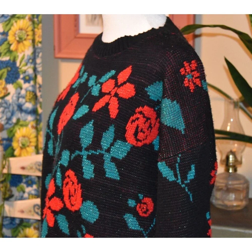 Vintage 80s Village Fair Rose/Floral Sweater Metallic Womens Retro Black USA M